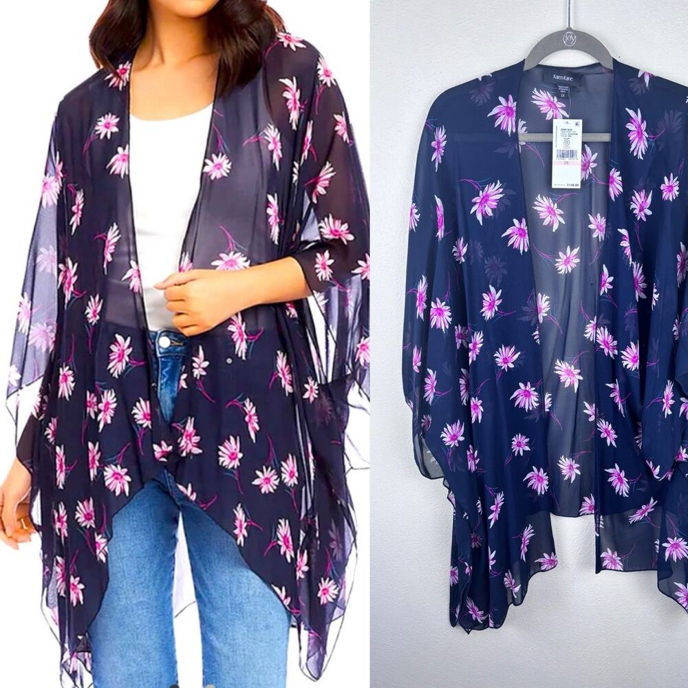 NWT Karen Kane Sheer Floral Kimono 2X Cardigan Boho Lightweight Plus Layer
